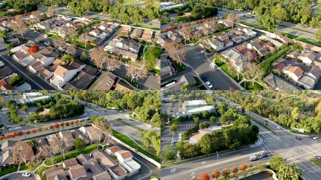 欧文中产阶级郊区社区的鸟瞰图，房屋彼此相邻