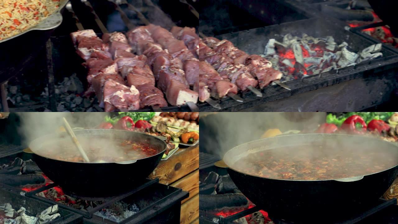 浓汤的蔬菜和肉在大锅中煮沸。乌克兰基辅的各种传统街头食品，如烧烤和米饭抓饭。露天用餐菜肴又热又新鲜，