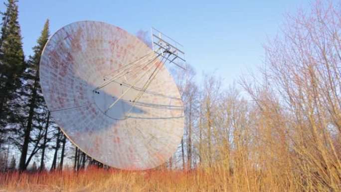 森林中的大型射电天文望远镜天线广播信号