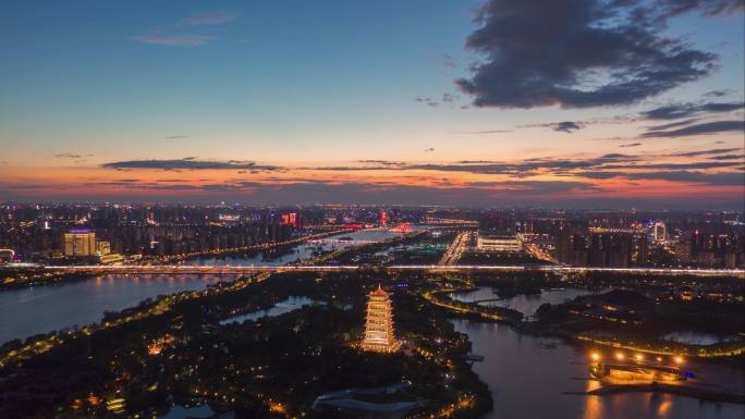 航拍西安世界园艺博览会日落夜景