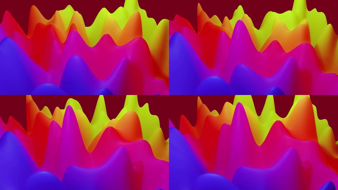 抽象液体蓝色红色黄色梯度，内部辉光表面像景观。4k无缝循环动画。美丽的颜色梯度作为抽象的液体波浪状背