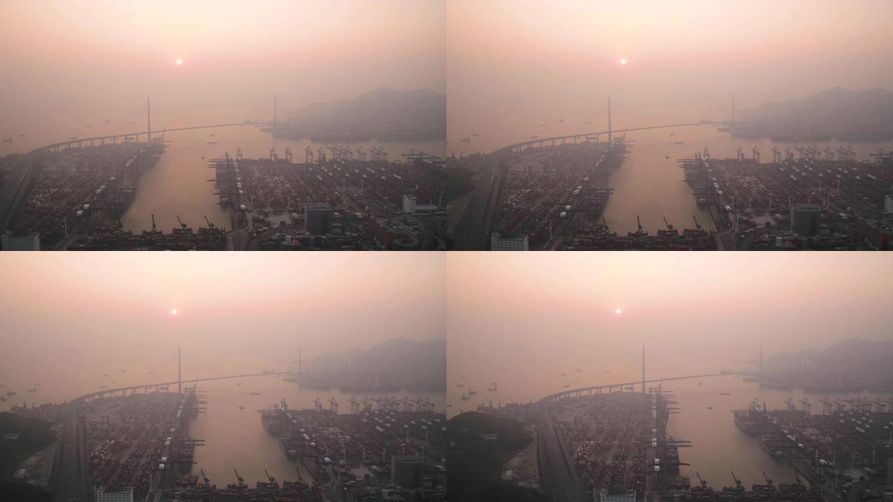 香港空中v101飞越荔枝角地区，日落时可欣赏船厂景色