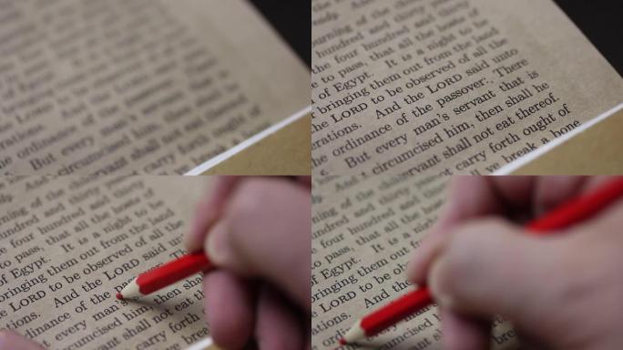 一张纸，写有出埃及记圣经第一章的文字。一个人用红色铅笔绕圈逾越节的故事。