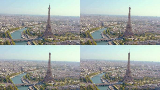 巴黎，法国-5月，2019: 从上面看埃菲尔铁塔和塞纳河在历史城市中心的空中无人机。