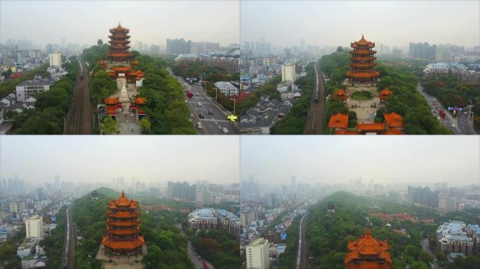 白天时间武汉城市景观黄鹤寺交通道路空中全景4k倾斜移位中国