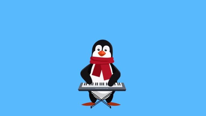 卡通小企鹅扁平圣诞角色播放合成器音乐动画包括哑光