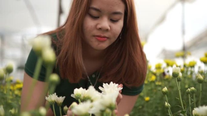 年轻的少女慢慢闻到花丛的味道