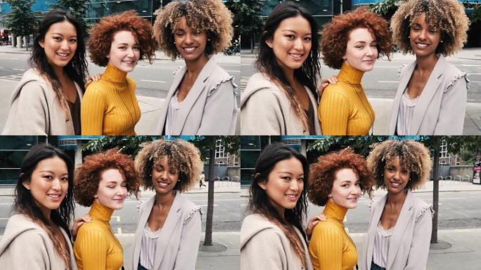 一群不同的千禧一代女性一起在城市慢动作视频中