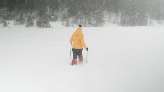 冬季旅行者。年轻的游客雪鞋在深雪中行走，享受冬季的山峰。