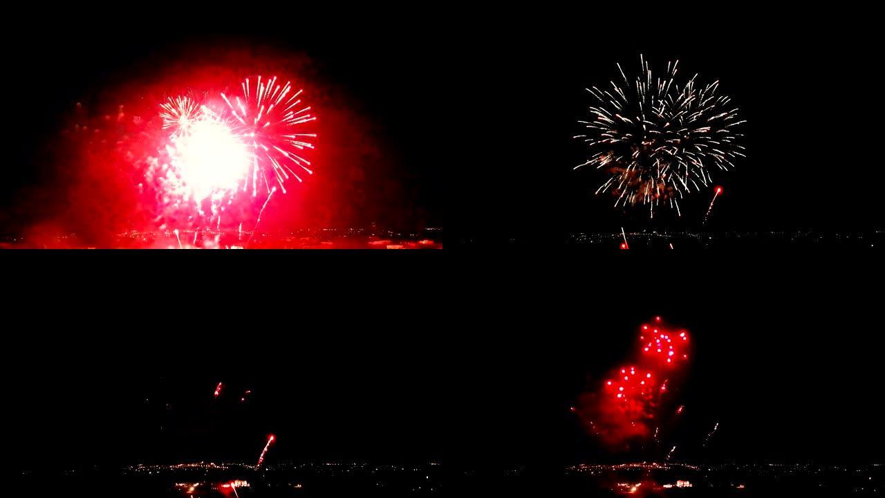 黑色背景上的红色真实抽象闪烁庆祝烟花灯，节日新年快乐