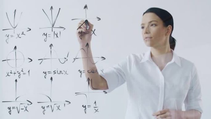 女学生在玻璃墙上画数学图表