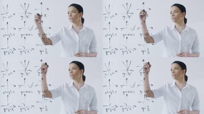女学生在玻璃墙上画数学图表