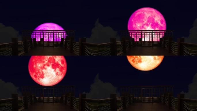 4k超级粉色月亮在夜空的剪影桥上升起