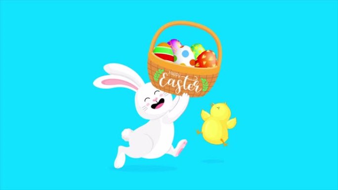 小白兔与小鸡和复活节彩蛋篮。