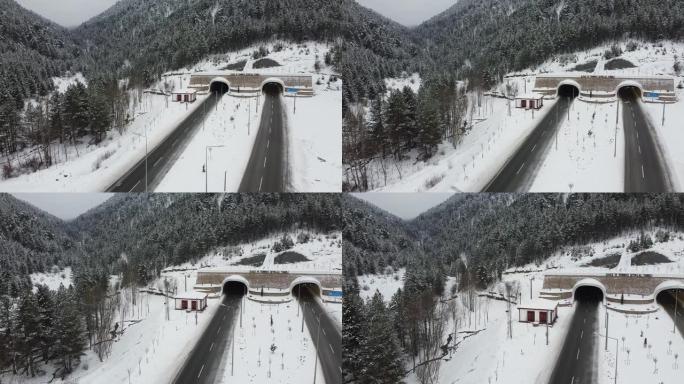 无人机飞越白雪覆盖的森林，卡斯塔莫努市伊尔加兹山隧道，土耳其