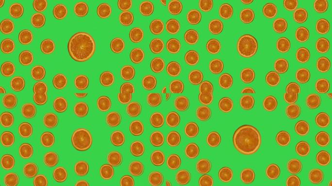 绿色背景上橘子的明亮动画