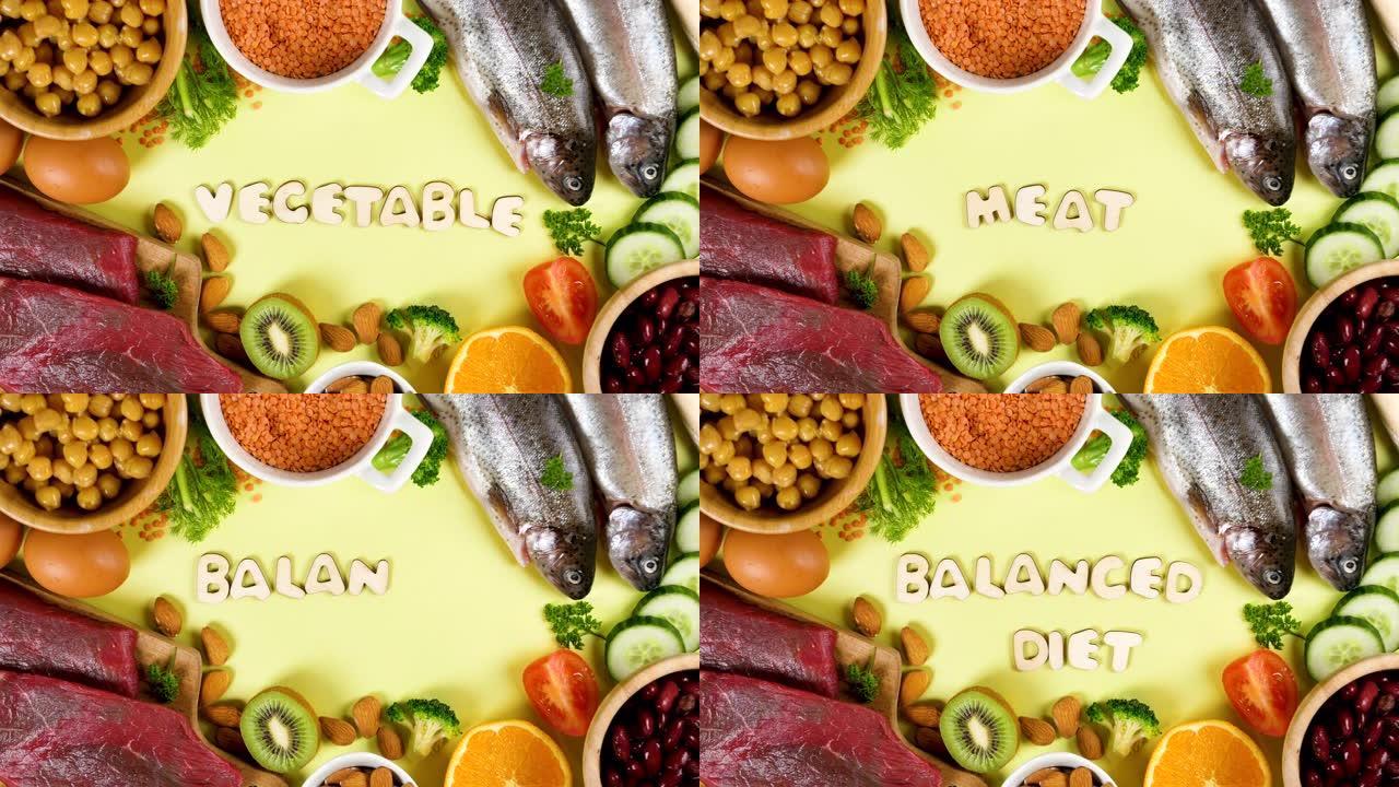 水果，蔬菜，肉，鱼-均衡饮食文字动画