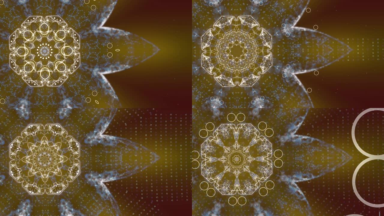 二进制代码处理概念。花朵形状的发光几何神经丛图案，从每个花瓣中编码无尽的数字行。