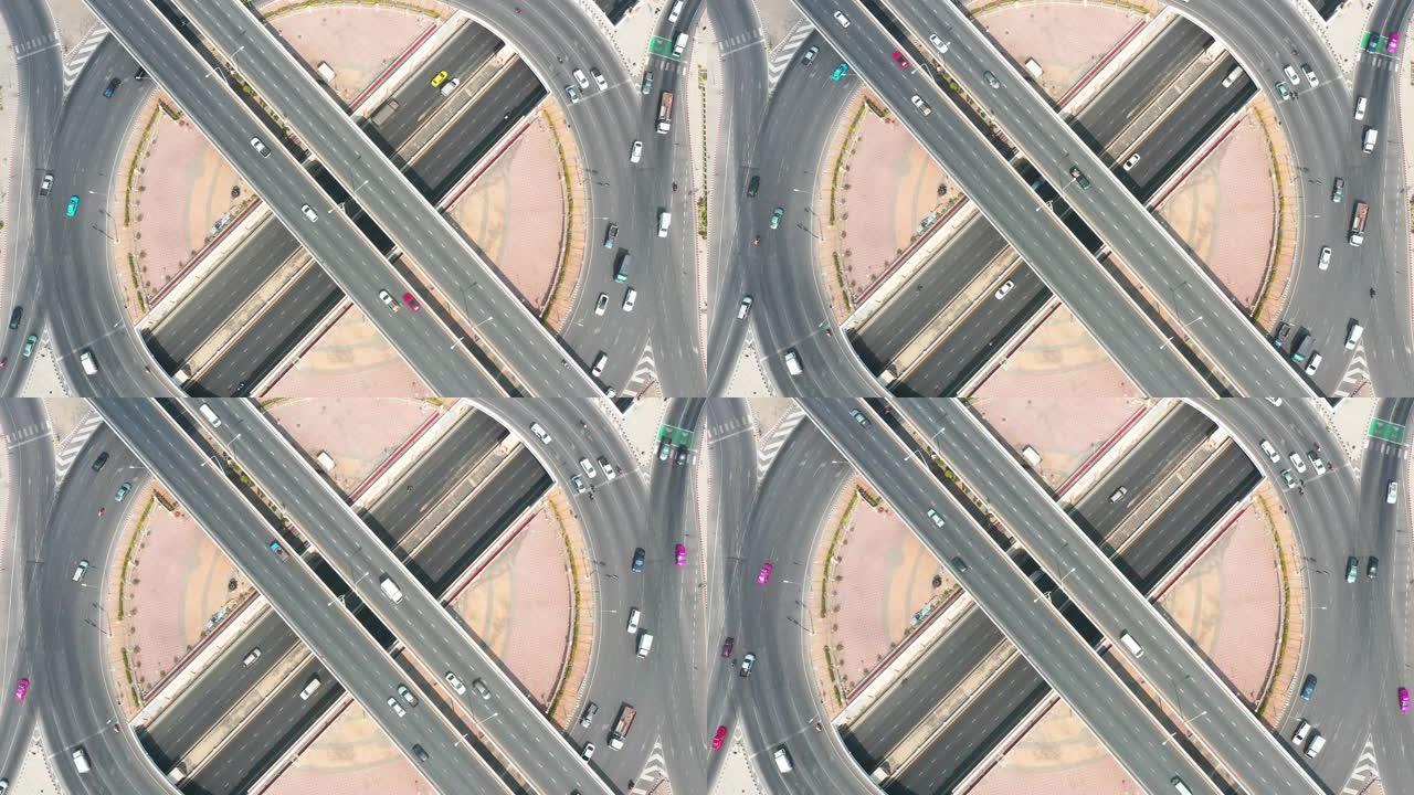 高峰时段公路交叉口的空中拍摄。大城市的交通和交通