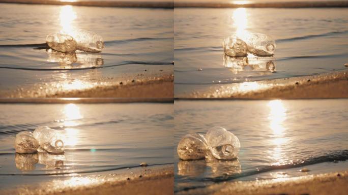 海边海浪上的塑料碎片