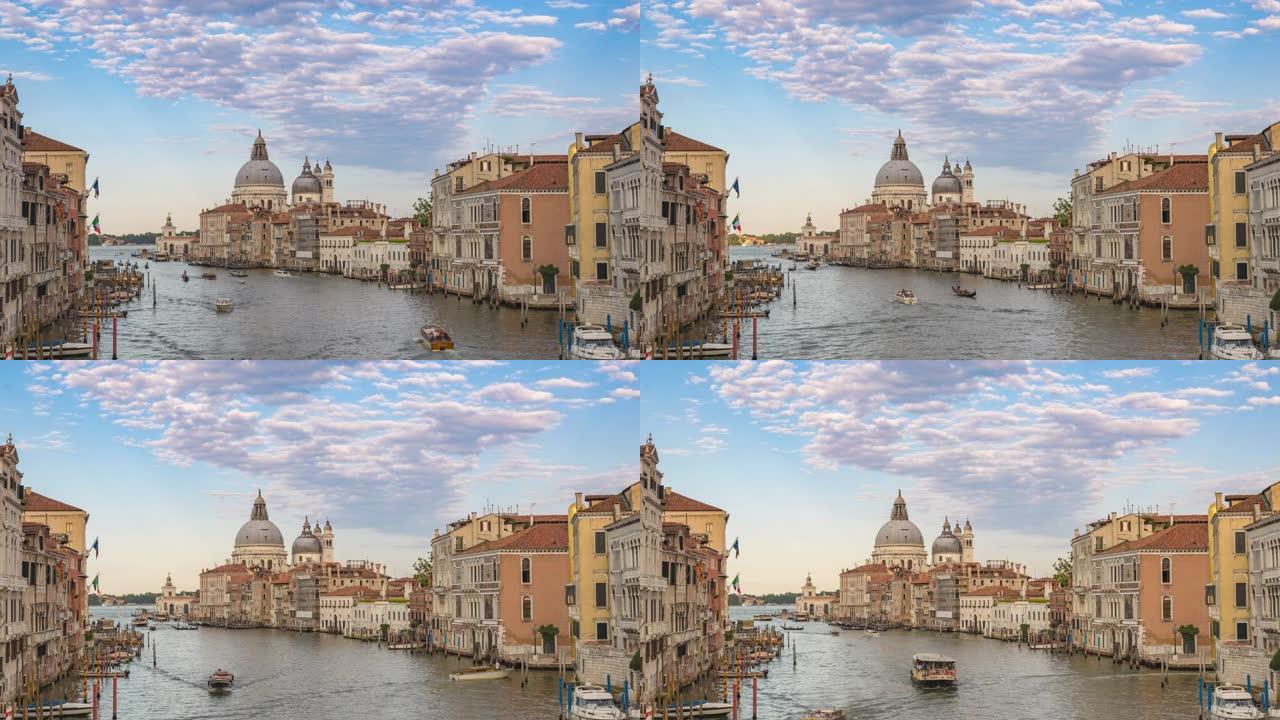 威尼斯意大利时间流逝4K，威尼斯大运河和圣玛丽亚大教堂的城市天际线延时致敬