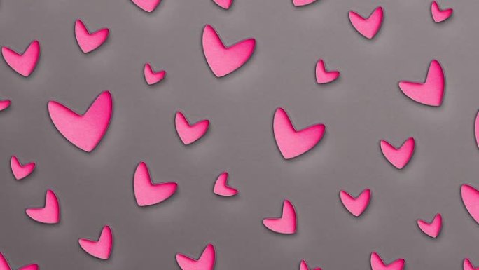 纸折纸背景。浅灰色背景浪漫图案上的粉色心形。情人节背景。休闲点壁纸设计。3D插图。
