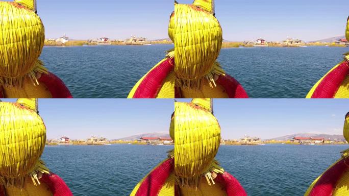 典型稻草船的秘鲁湖喀喀湖全景