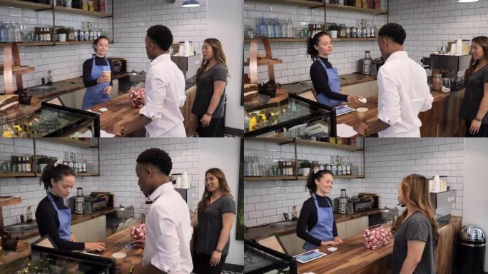 酒吧招标在咖啡馆为顾客服务-慢动作视频