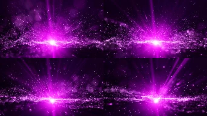 数字粉红色紫色尘埃粒子和光线光束的动画，小球粒子线上升。