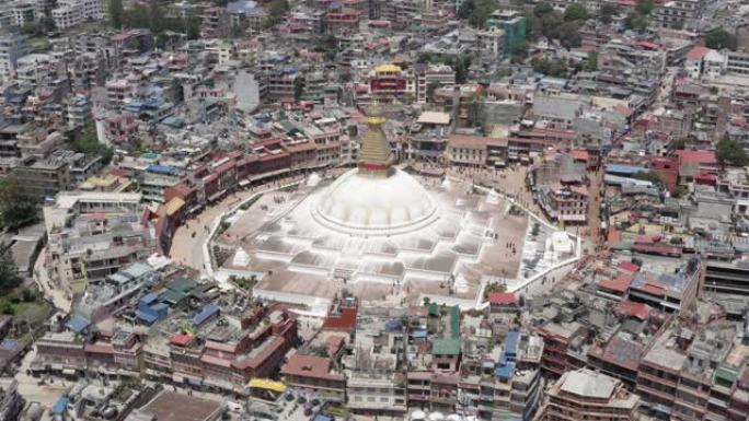 尼泊尔,加德满都。Boudhanath佛塔。航拍镜头