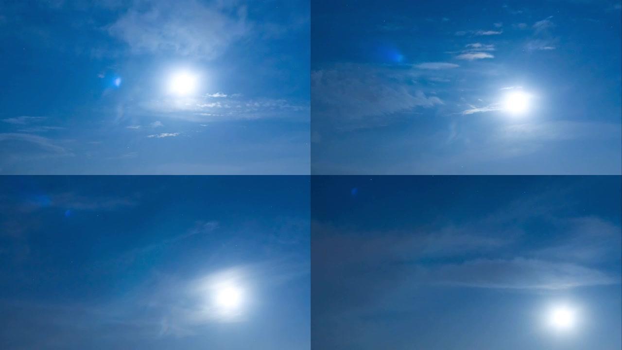 月亮在蓝色的夜空中，星星飞云时间流逝4 K。