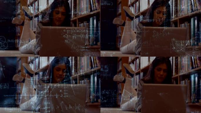 学生在图书馆使用她的笔记本电脑