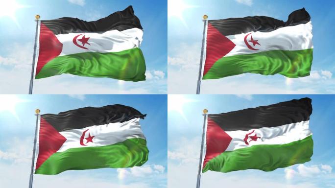 西撒哈拉旗帜在深蓝色的天空中迎风飘扬。国家主题，国际理念。3D渲染无缝循环4K