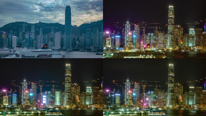 香港天际线的昼夜转换时间流逝。1个中的1个