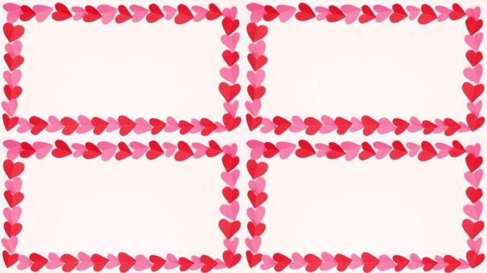 情人节快乐-白色背景上的红色和粉红色心形框架，文本空间为空-停止运动