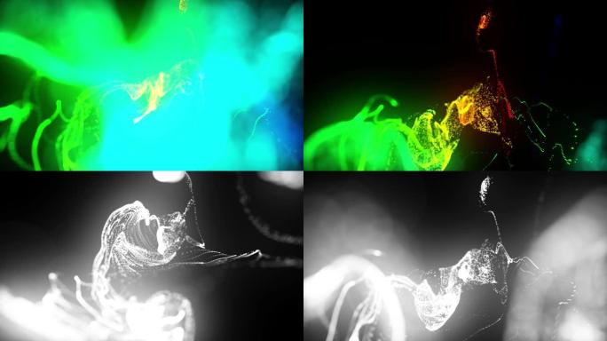 在4k的水中注入荧光多色墨水。墨水流中辉光粒子的3d渲染。亮度哑光作为阿尔法通道。闪亮油墨效果平流的