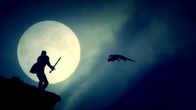 屠龙骑士在中世纪的幻想中看着一条在天空中飞翔的龙
