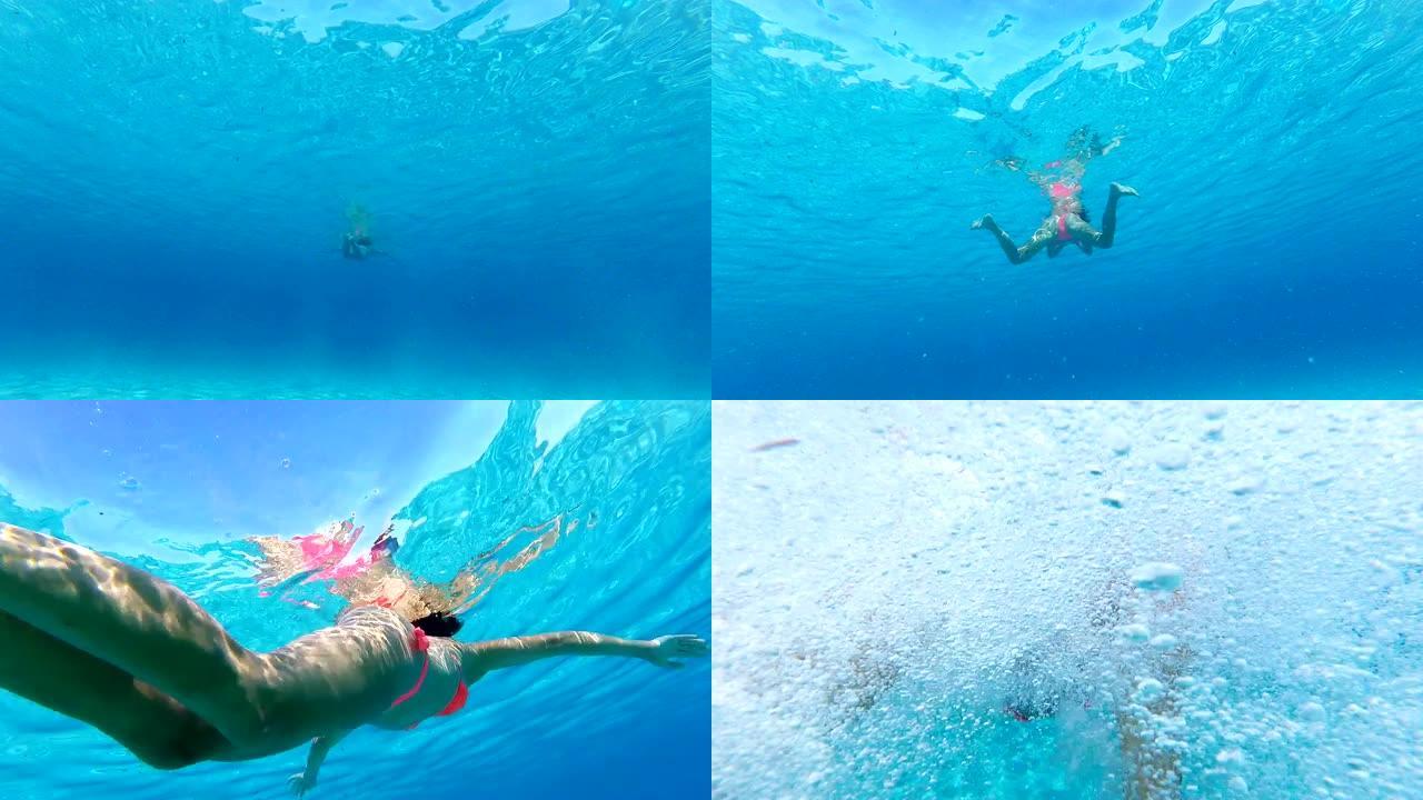 鲨鱼袭击了一个迷人的女人游泳POV