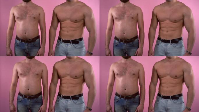 两名男子在艰苦的运动训练后表现出身体变化，是现代社会中胖人的完美动机。健康的饮食和生活方式，减肥的动