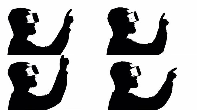未来现实设备创造虚拟空间。虚拟数字眼镜中触摸虚拟物体的男人的轮廓。VR-耳机使用