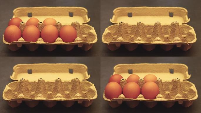 纸板箱出现在厨房桌子上，鸡蛋出现在其中-停止运动