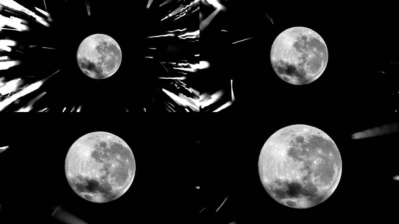 太空中的超级跳跃穿过星星到满月。月亮的纹理，陨石坑。星际跳跃。飞行运动穿过星星到月球。光速。抽象空间