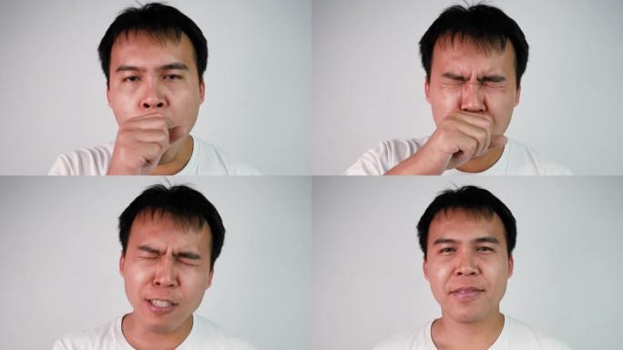 在灰色背景上，穿着白色t恤咳嗽和喉咙痛的亚洲病人的特写肖像。男性面对流感症状。