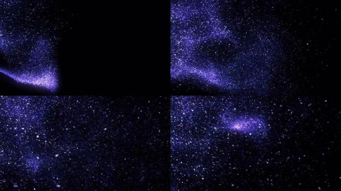 紫色粒子在黑暗背景上的抽象飞行。动画。惊人的太空尘埃，明亮的移动彗星及其多彩的痕迹
