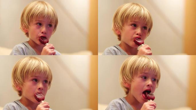 晚饭后在家看电视屏幕时吃冰淇淋甜点的小男孩