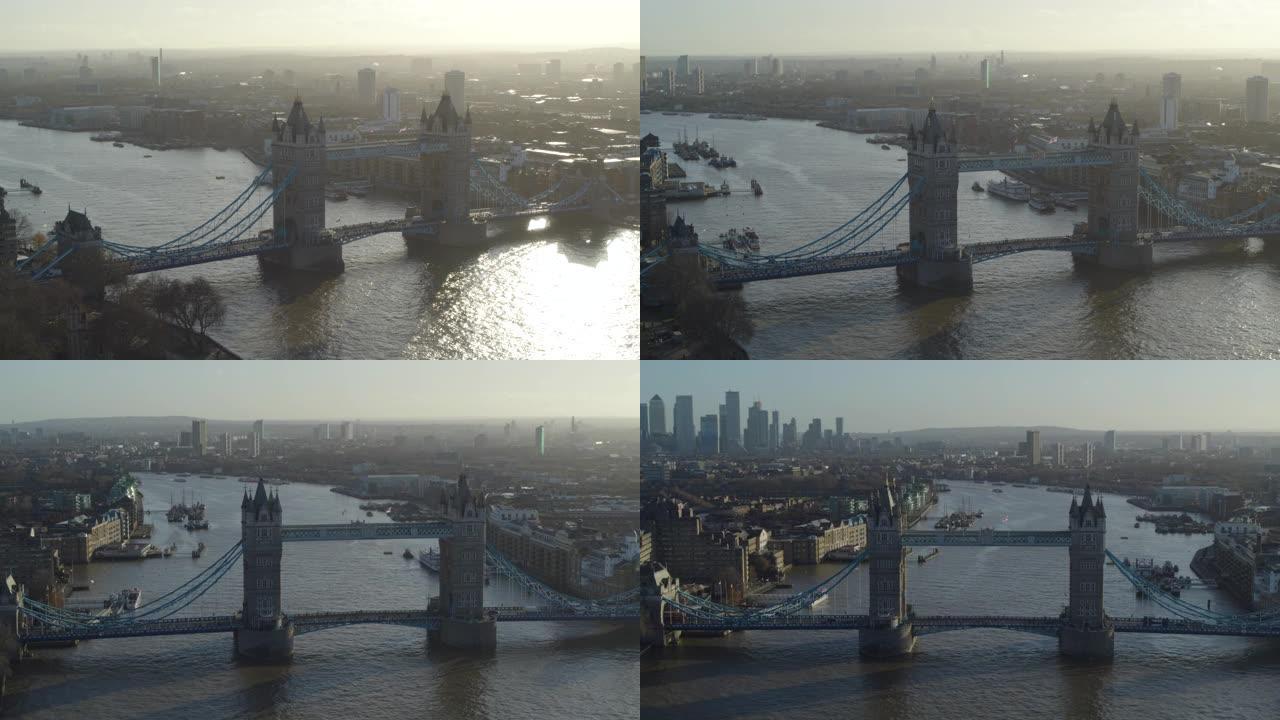 伦敦塔桥与金丝雀码头的鸟瞰图