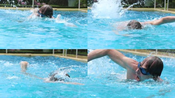 老人戴着护目镜在游泳池游泳，做有氧运动