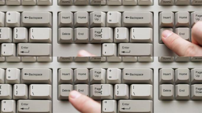 男性手指按下白色键盘上的删除按钮。慢动作和宏观视图