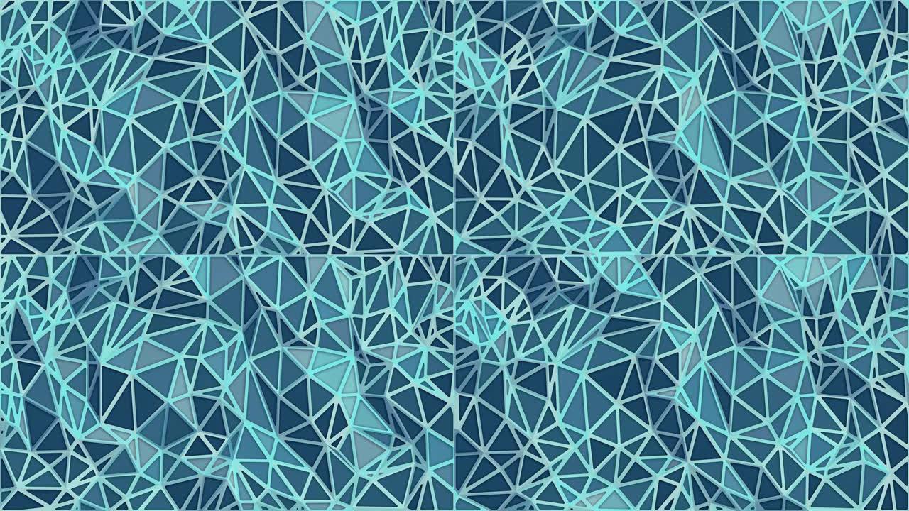 具有蓝色三角形运动模式的现代抽象表面。浅三角形结晶镶嵌背景。数字无缝循环动画。3d渲染。4K，超高清