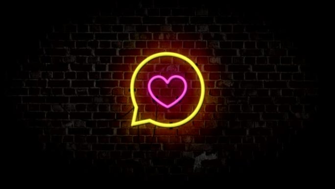 爱在言语泡泡中。砖墙背景上发光的霓虹灯标志。运动4k镜头。情人节快乐